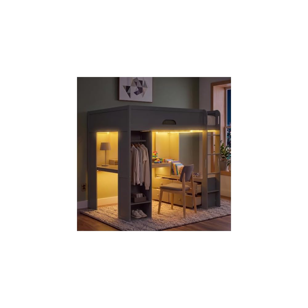 Full Size Wood Loft Bed with L-Shaped Desk, Storage Cabinet, Gray