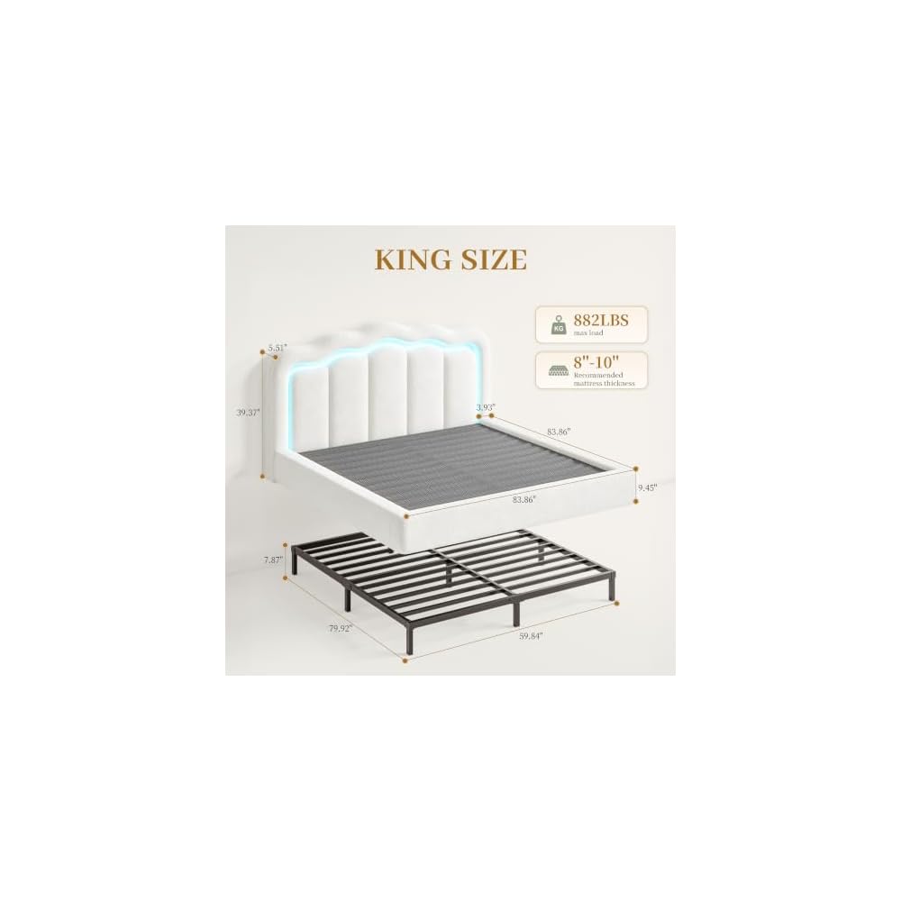 Cloud Bed Frame King Size 360° Upholstered Platform Bed, White
