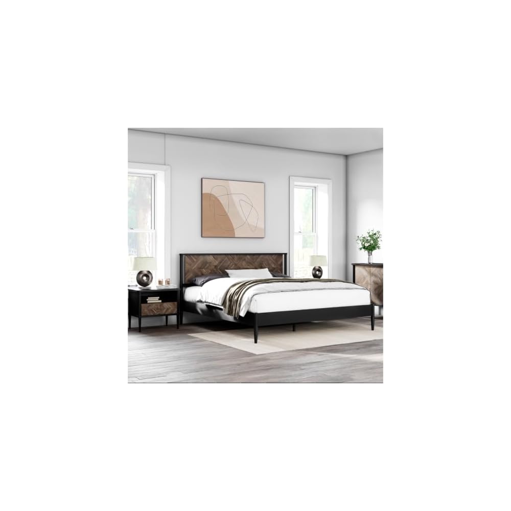 Lenia Solid Wood King Bed Frame with Tall Headboard, Mocha Black