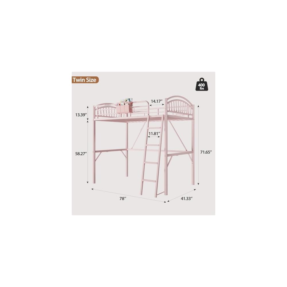 Twin Loft Bed with Convertible Ladder & Storage Bag,Safety Guardrails, Pink