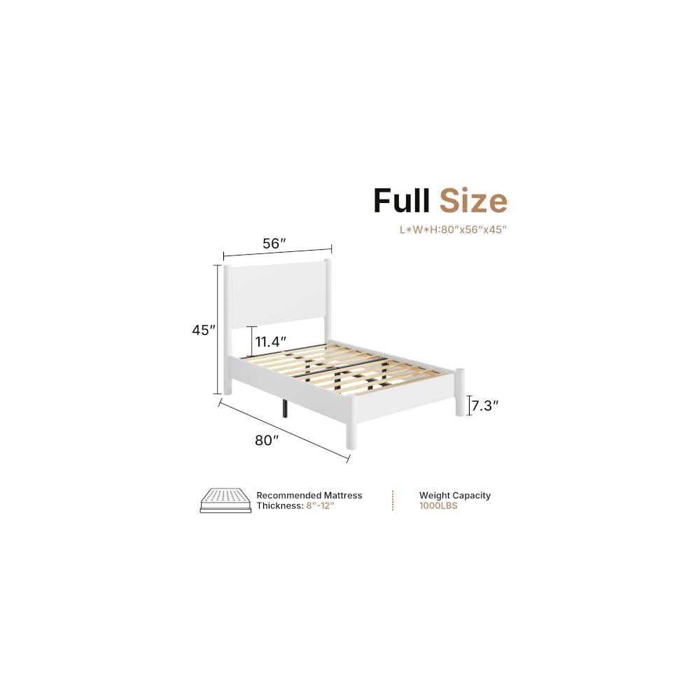 Full Size Platform Bed Frame with Wood Headboard, White