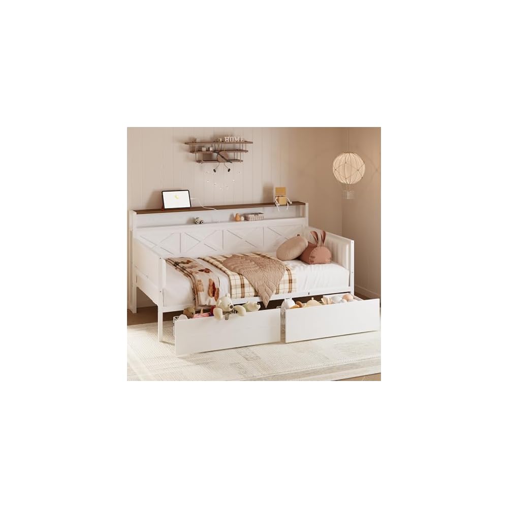 Twin Size Daybed with Storage Drawers, Charging Station, White