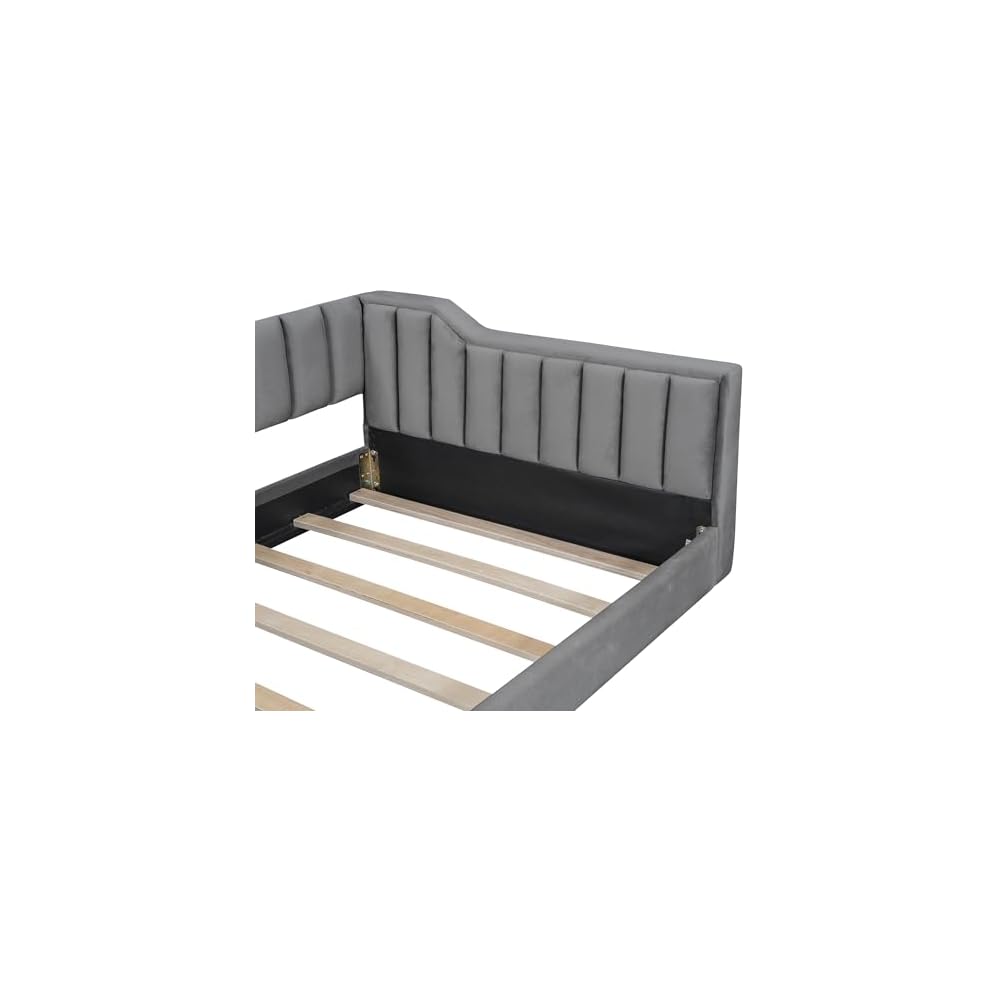 Twin XL Size Upholstery Daybed and Side Storage Pocket, Velevet Sofa Bed with Backrest and Two Armrest for Guest Room, Living Room, Gray