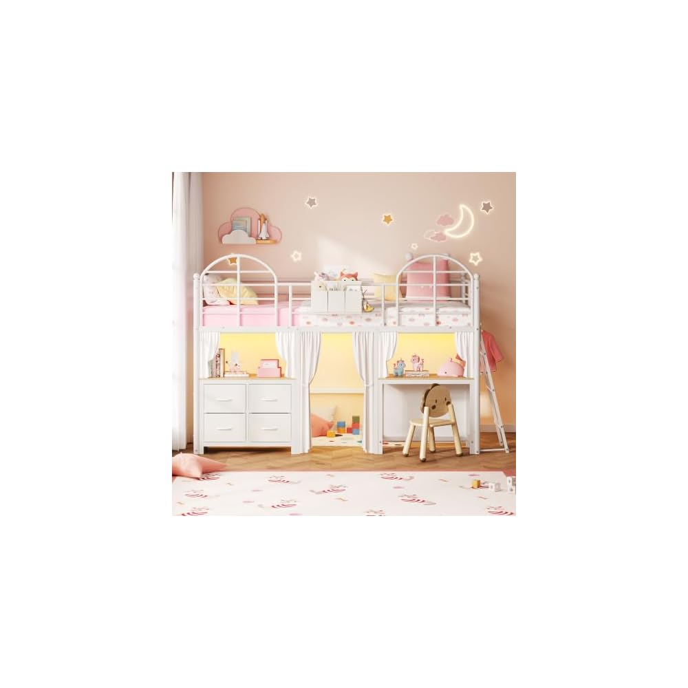 Twin Low Loft Bed with Desk & 4 Storage Drawers, Smart LED Lights, White