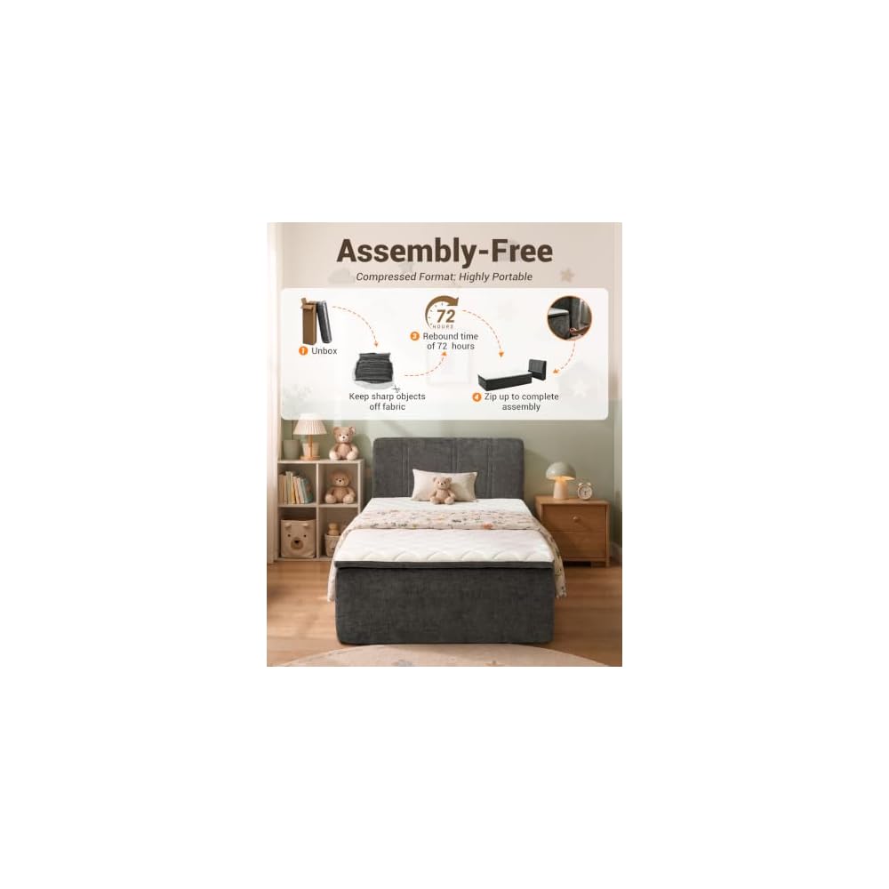 Twin Size Boneless Bed Frame with Mattress,No Assembly Cloud Bed,Gray