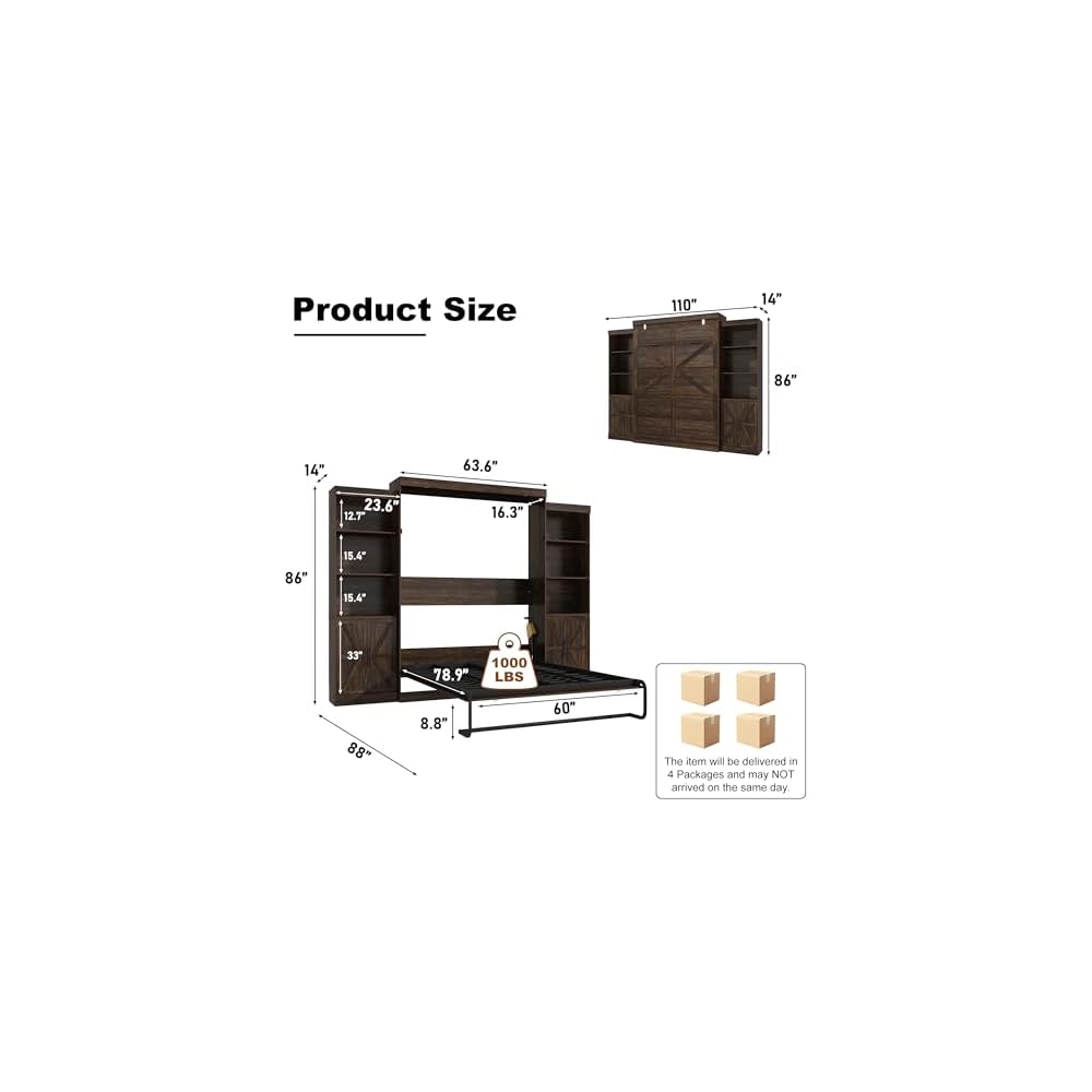 Queen Size Murphy Bed w/2 Storage Cabinet&2 LED Light, Farmhouse Wood Hidden Foldable Wall Bed Frame, Storage Bed Cabinet for Bedroom, Office, Space-Saving, No Box Spring Needed, Brown