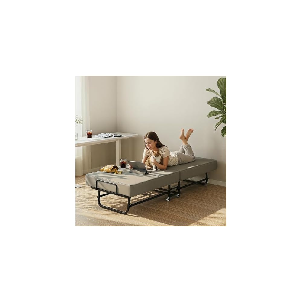 Folding Bed, Portable Foldable Roll Away Bed on Wheels, 75" x 31"