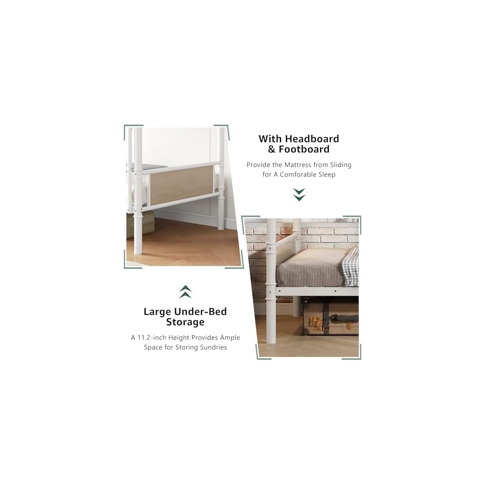 Metal Bunk Bed Twin Over Twin, Industrial Bunkbeds Heavy Duty Bed with Safety Guard Rails and Space-Saving Design, Steel Bed for School, Bedroom (White)