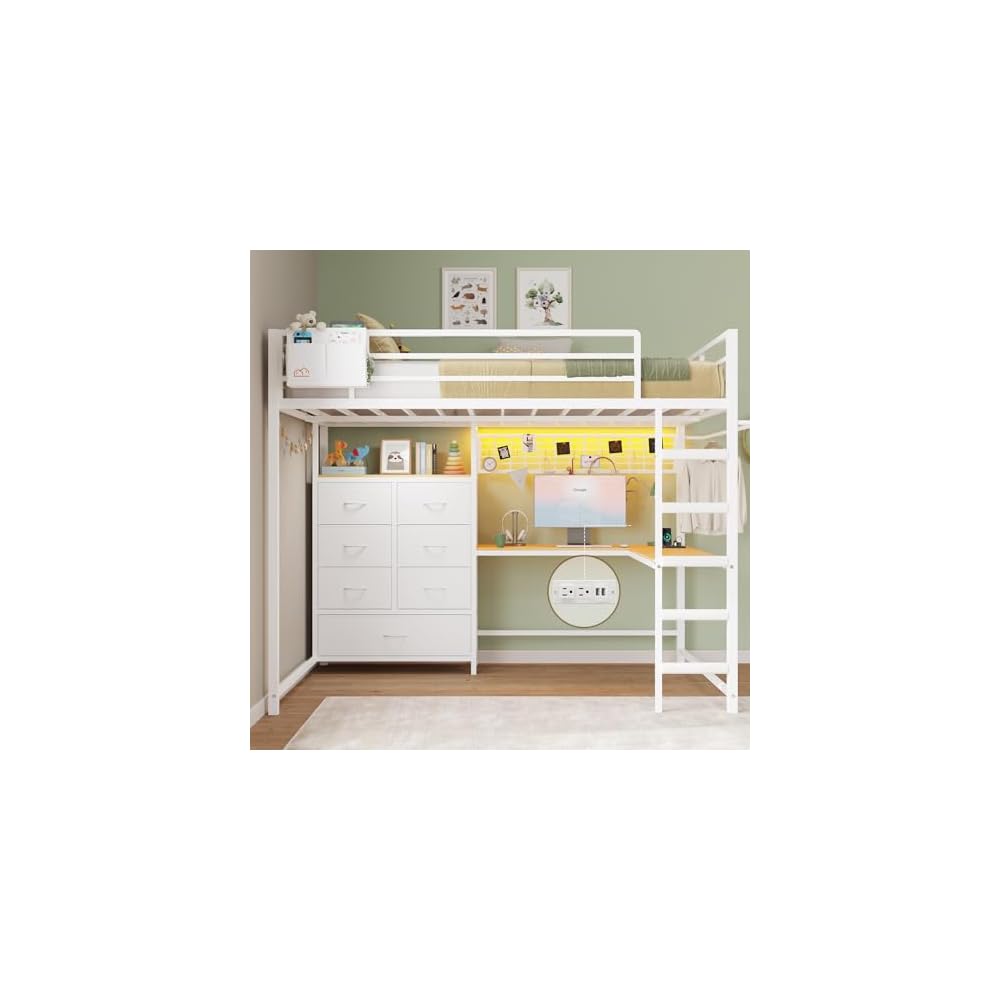 Full Loft Bed with L-Shaped Desk and 7 Storage Drawers, Metal Full Size Loft Bed for Teen with LED Lights and Charging Station,13.11" H Safety Guardrail and Ladder,No Box Spring Needed, White