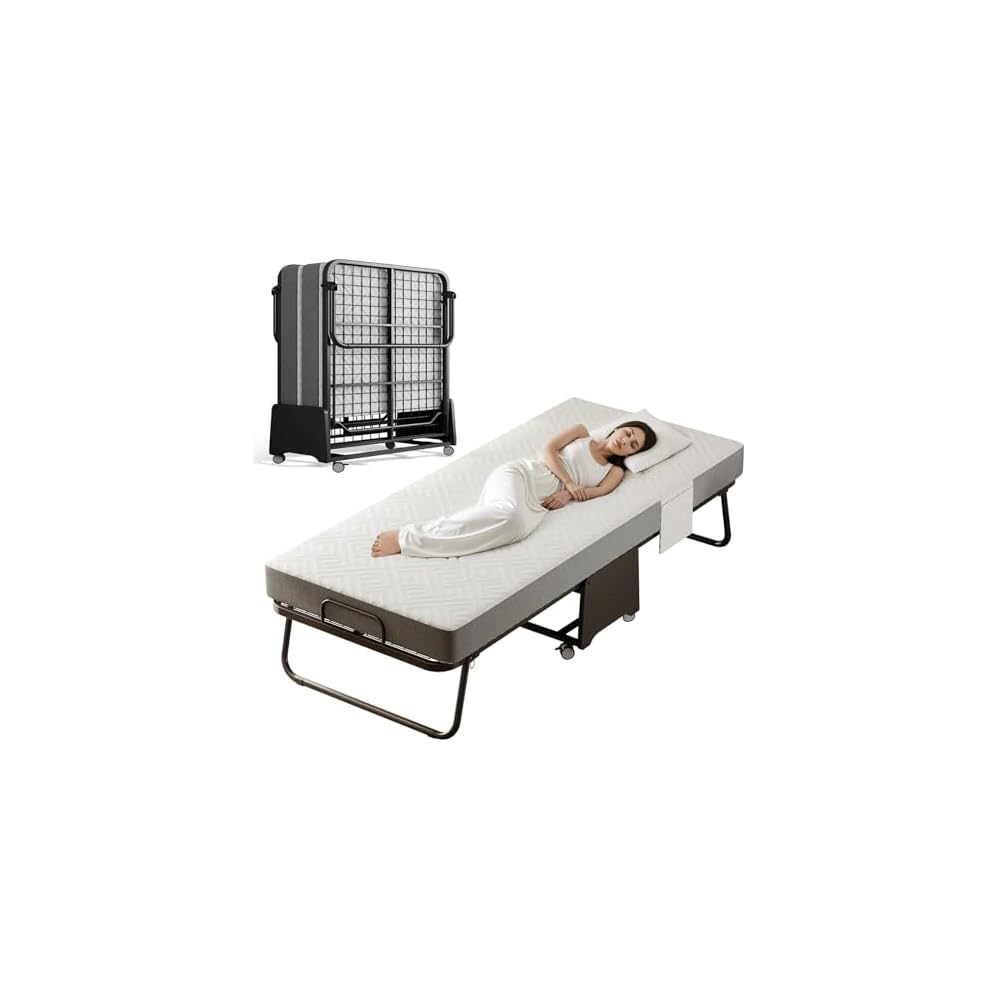 Deluxe Folding Bed with Mattress with 5-inch Memory Foam Mattress on Rollers for Easy Storage with Metal Frame and Bed Side Pockets
