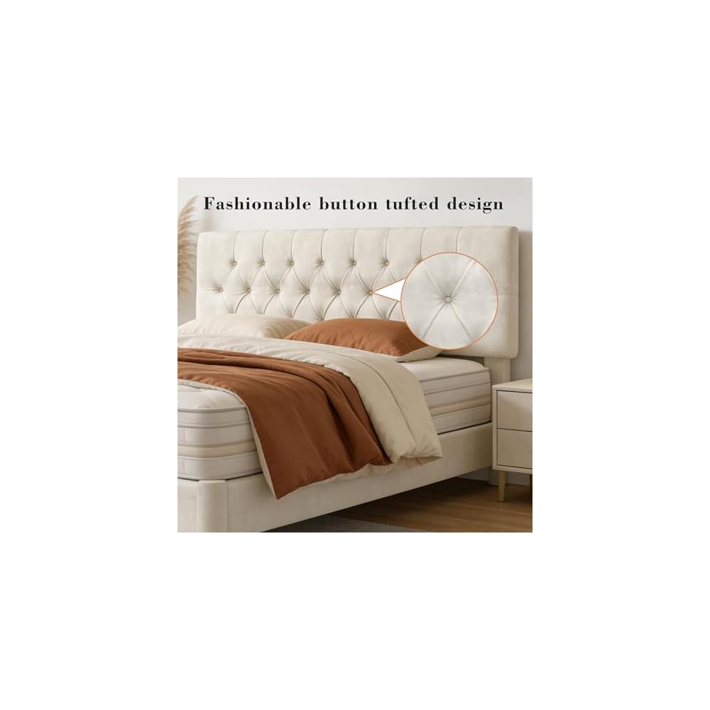 Queen Size Bed Frame with Headboard, Luxury Velvet Fabric Upholstered Bed frame with Button Tufted Design, Strong Wooden Slats Support - Low & Sturdy, Noise-Free, No Box Spring, Easy Assembly, Beige