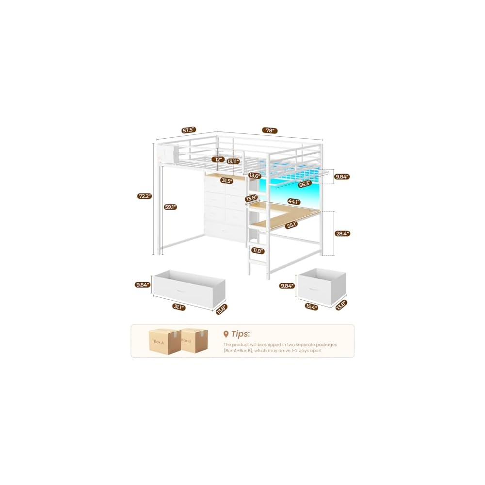 Full Loft Bed with L-Shaped Desk and 7 Storage Drawers, Metal Full Size Loft Bed for Teen with LED Lights and Charging Station,13.11" H Safety Guardrail and Ladder,No Box Spring Needed, White