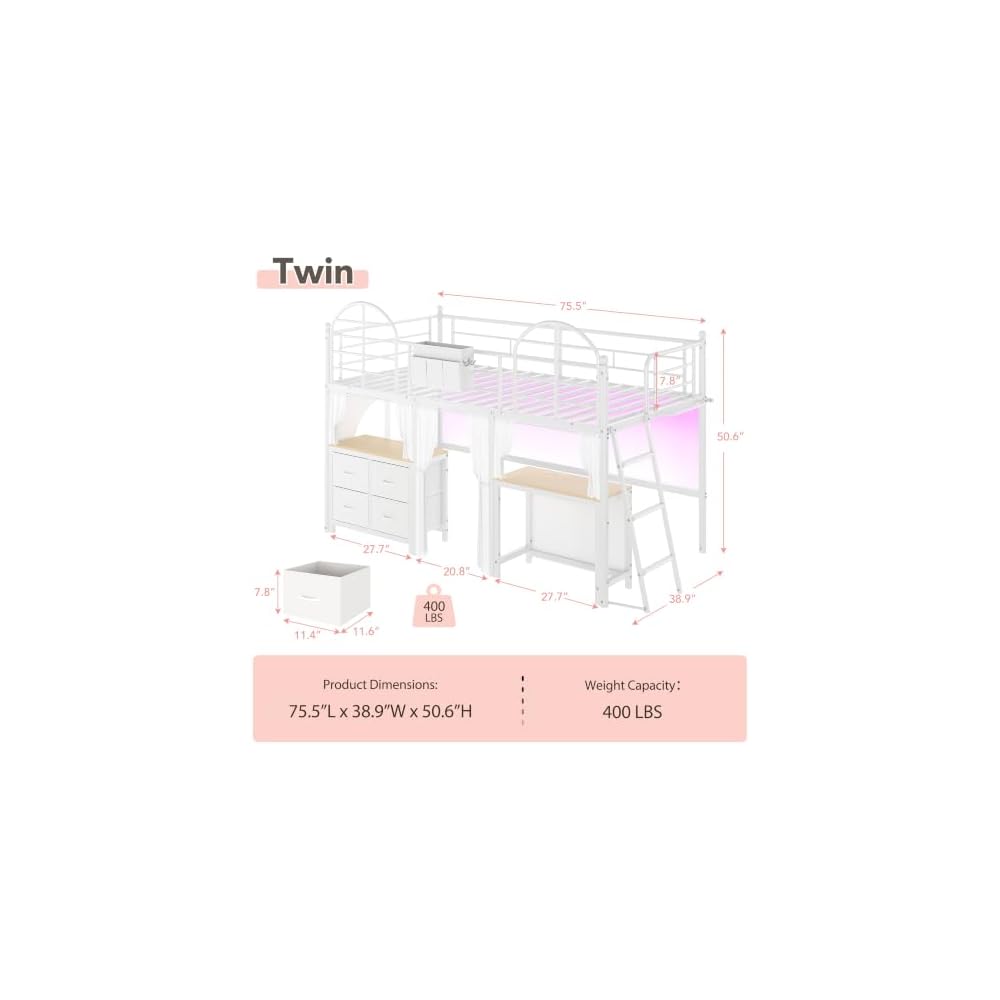 Twin Low Loft Bed with Desk & 4 Storage Drawers, Smart LED Lights, White