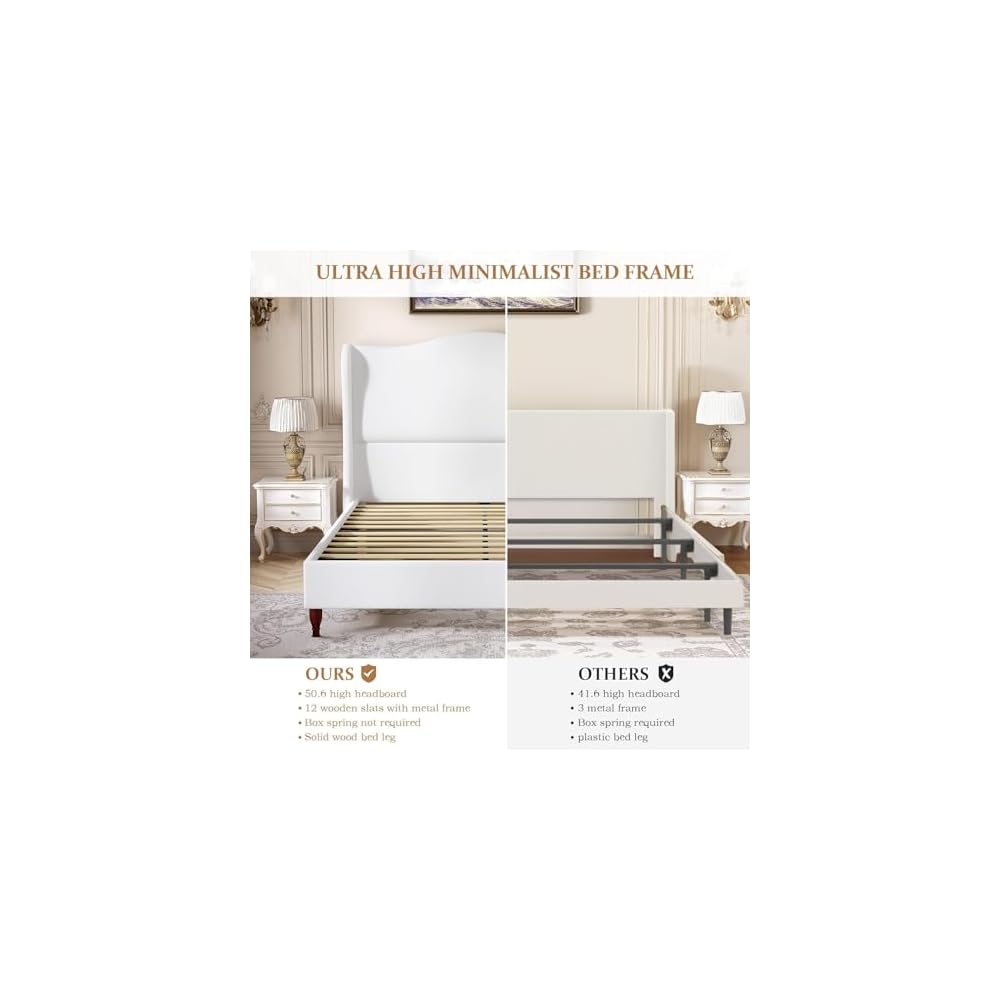 Full Size Upholstered Bed Frame with 51'' Tall Headboard, White
