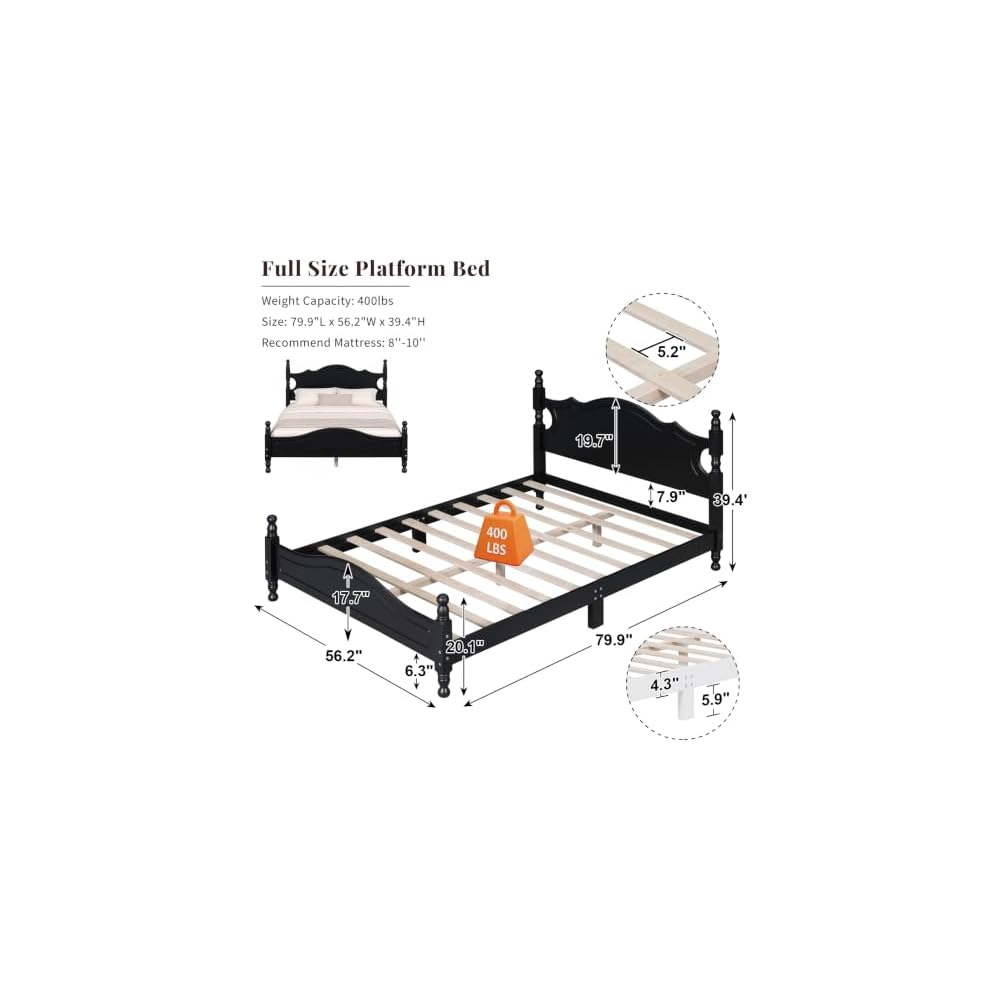 Full Size Black Wood Bed Frame with Vintage Headboard, Gothic Style Wooden Platform Full Bed with Wood Slat Support, Retro Black Bed Frame for Bedroom Guest Room, Easy Assembly