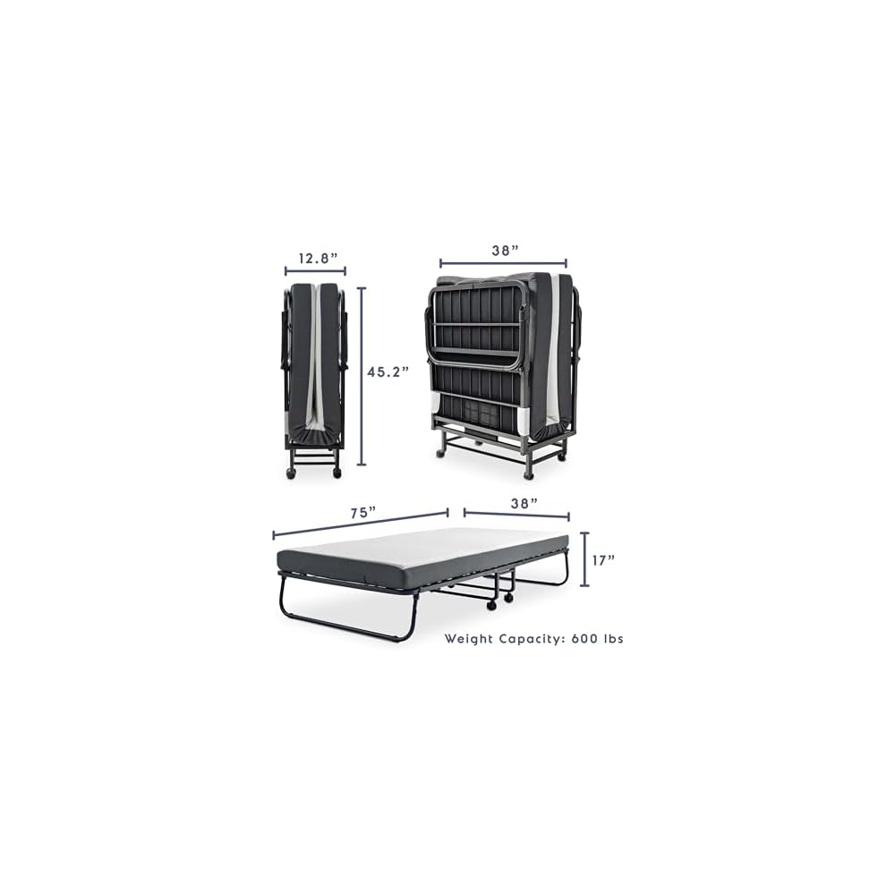 Folding Bed with 5" Luxury Memory Foam Mattress, Portable Rollaway Guest Bed with Sturdy Frame, Locking Wheels & Cover, Roll Away Fold Up Beds with Mattress for Adults, Twin Foldable Bed 75”x38”