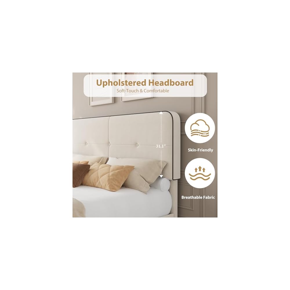 Queen Size Platform Bed Frame with Velvet Headboard, White