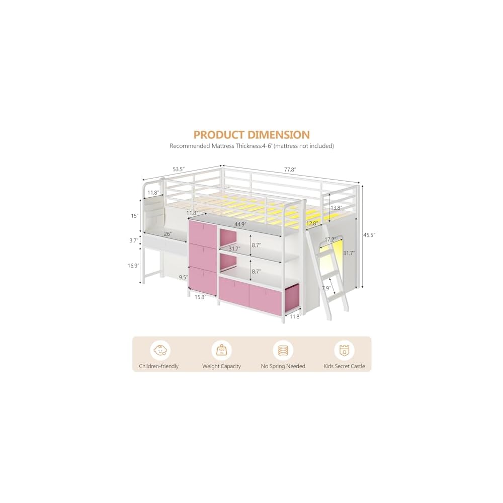 Low Loft Bed with Desk and 6 Storage Drawers Twin Loft Bed with Bookshelf,LED Lights & Under-Bed Play Space,Kids Twin Beds with 13.8''H Safety Guardrail,Inclined Ladder&Play Curtain,Pink+White