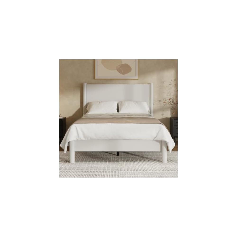 Full Size Platform Bed Frame with Wood Headboard, White