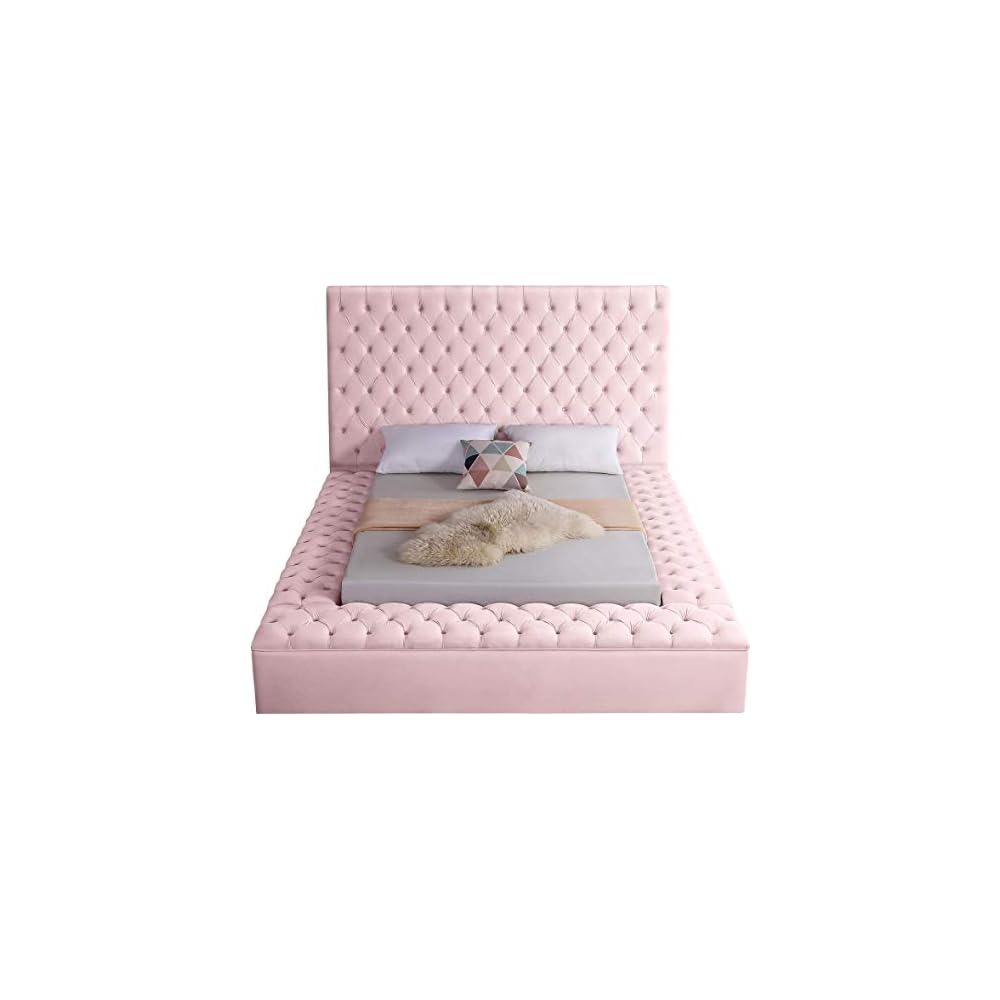 Bliss Collection Modern | Contemporary Velvet Upholstered Bed with Deep Button Tufting and Storage Compartments in Rails and Footboard, Pink, Queen