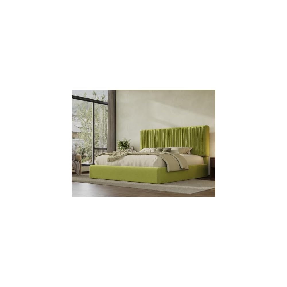 King Size Artisanal Pleated Velvet Bed Frame with Adjustable Headboard, Luxurious Upholstered Floor Platform Bed, Modern Low Profile Frame, Green