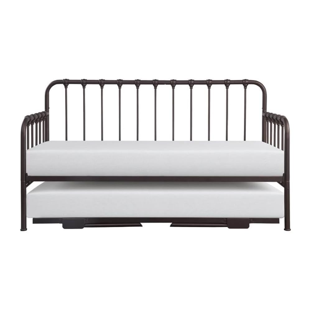 Constance 78.5" W Contemporary Metal Frame Daybed with Lift-Up Trundle, Folding Legs & Casters in Dark Bronze Finish