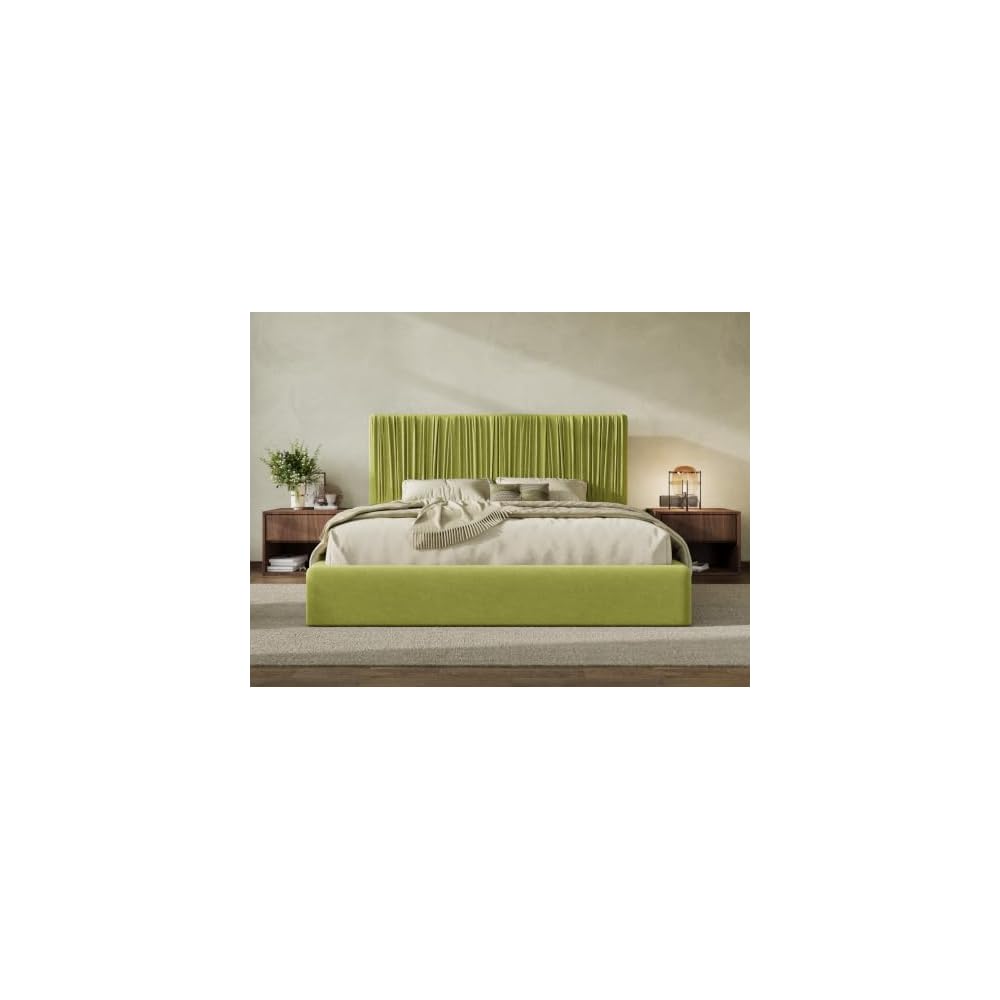King Size Artisanal Pleated Velvet Bed Frame with Adjustable Headboard, Luxurious Upholstered Floor Platform Bed, Modern Low Profile Frame, Green