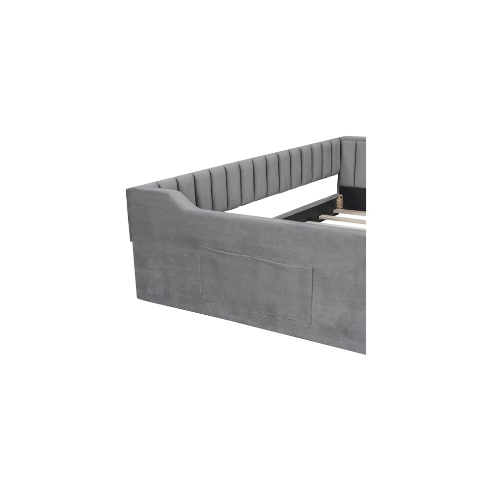 Full XL Size Daybed, Upholstery Day Bed Frame with Channel Tufted Backrest and Armrest, Floor Bed with Side Pockets,Solid Wood Slat Support, No Box Spring Needed,Gray
