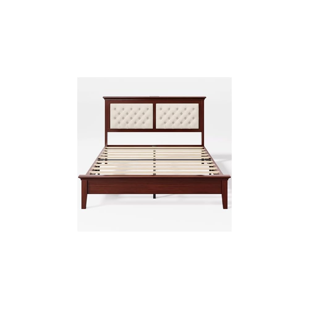 Solid Wood Queen Bed Frame 41.5” Tall Diamond-Tufted Upholstered Headboard, American Classic Flat-Top Bed, Stable Structure, Wood Slats Support, Noise-Free, No Box Spring Needed, Redish Brown