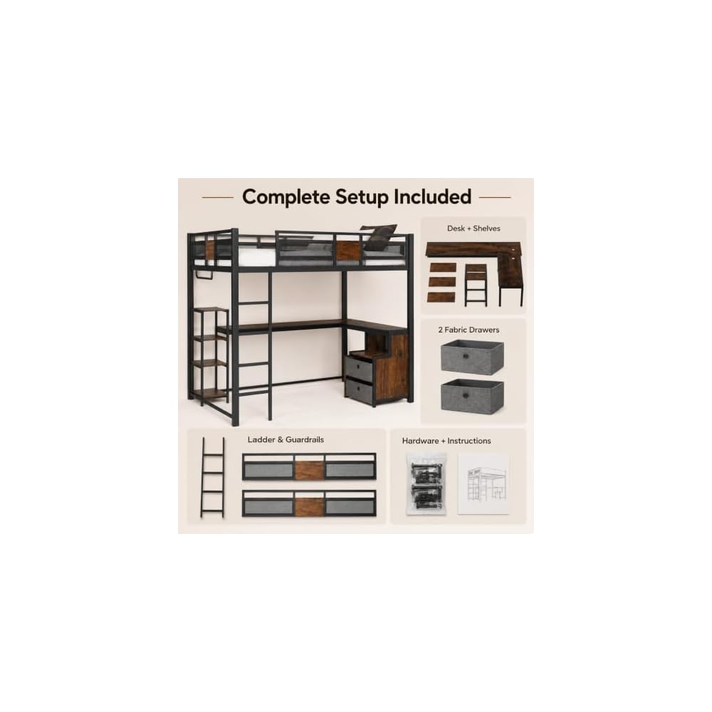 Queen Loft Bed With Desk And Storage Drawers Space Saving Metal Bed Frame