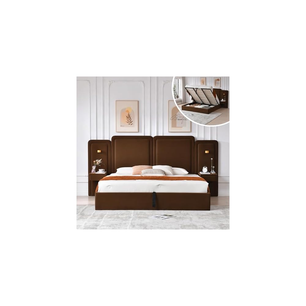 King Lift Up Storage Bed with 53" Tall Headboard & 2 Nightstands, Brown