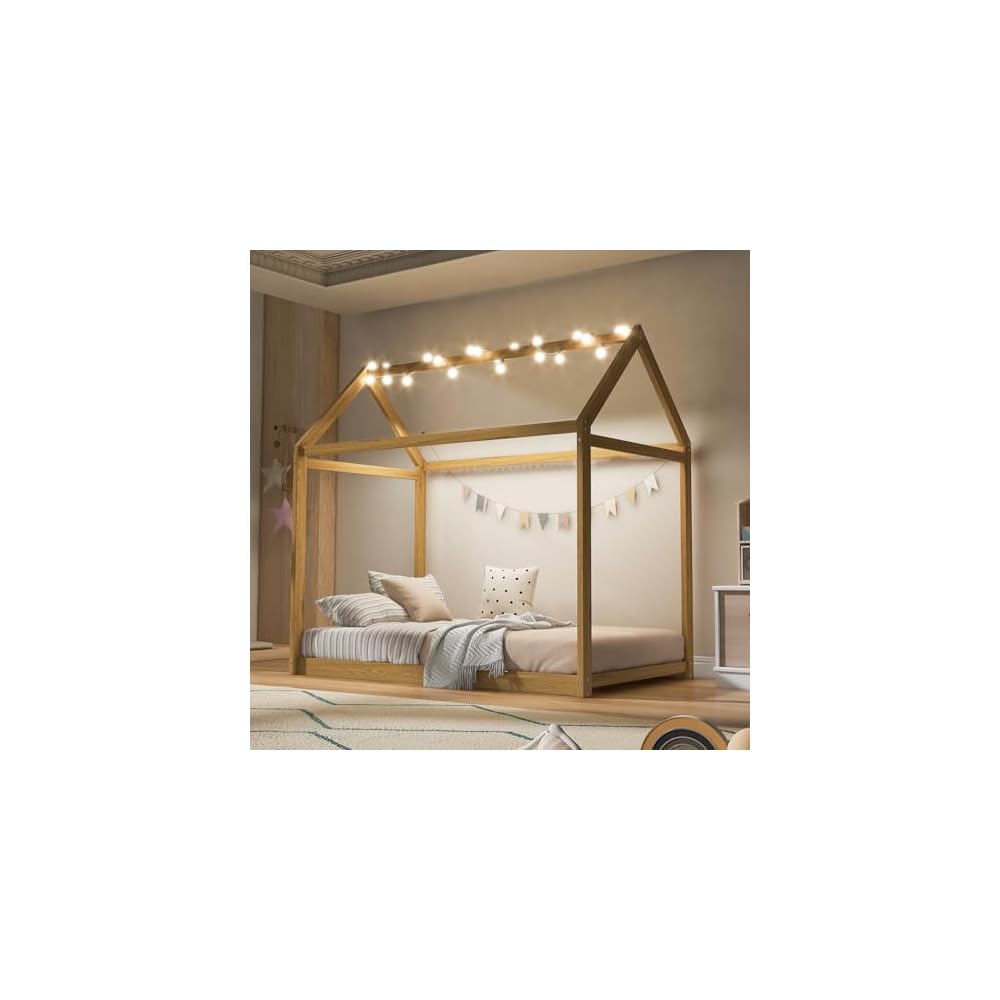 Twin Size House Bed Frame with LED Lights, Solid Wood Montessori Floor Bed, Low Platform Kids Play House Bed for Boys Girls Bedroom, Natural Wood Finish