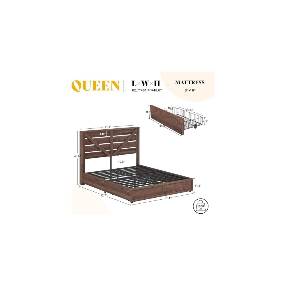 Queen Size Farmhouse Bed Frame with 4 Storage Drawers
