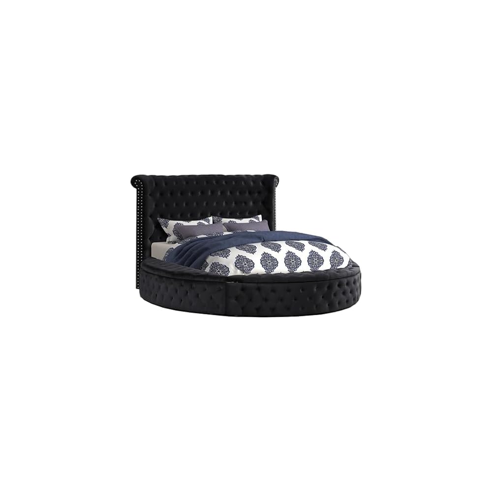 Velvet Tufted Platform Storage Bed, Circle Bed with Button Tufting, Storage Compartments in Rails and Footboard (Black, Eastern King)