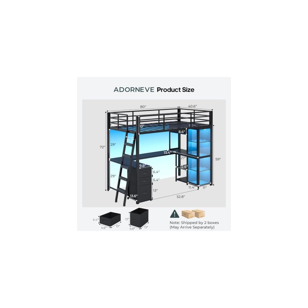 Gaming Loft Bed Twin Size with U Shape Desk, Display Cabinet,Black