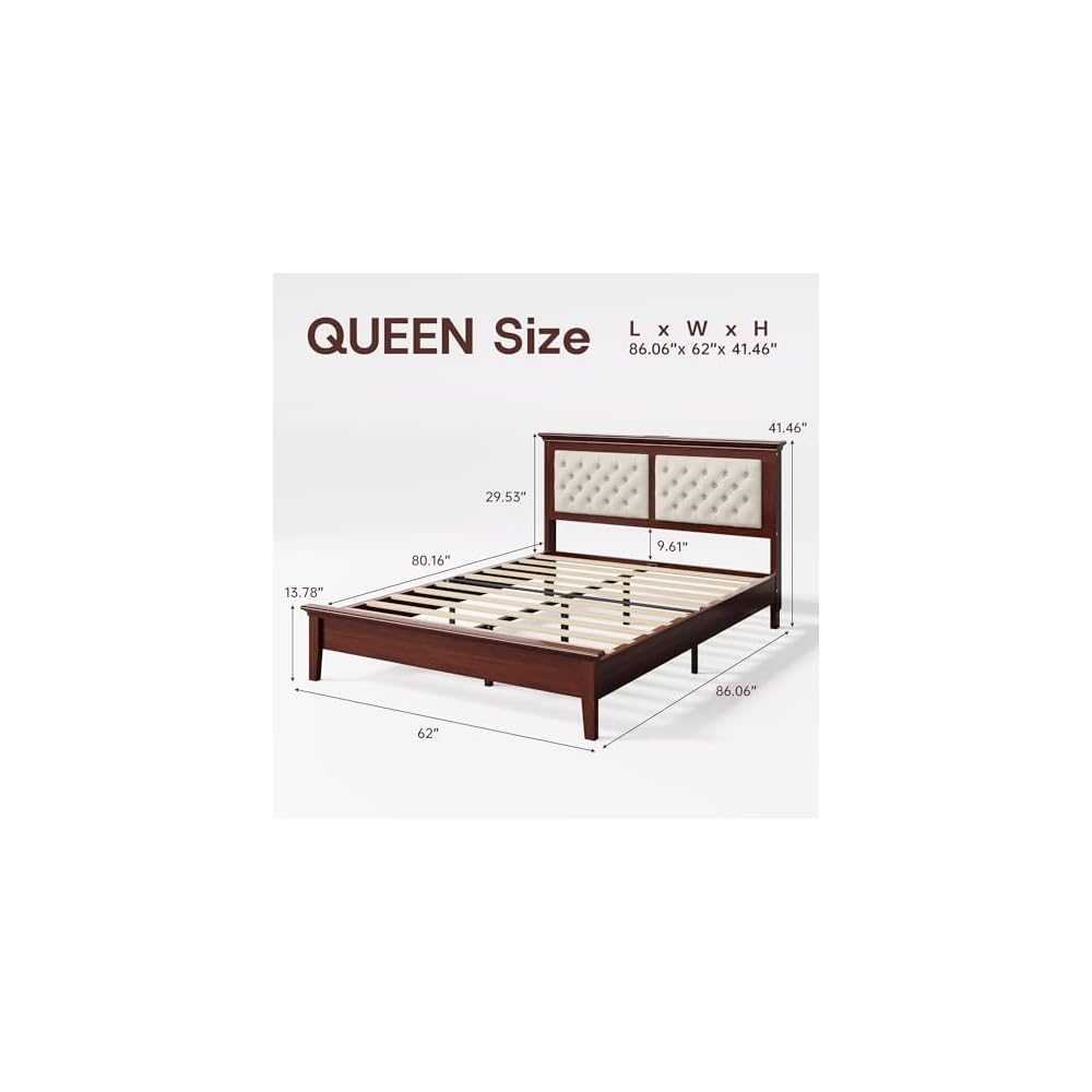 Solid Wood Queen Bed Frame 41.5” Tall Diamond-Tufted Upholstered Headboard, American Classic Flat-Top Bed, Stable Structure, Wood Slats Support, Noise-Free, No Box Spring Needed, Redish Brown
