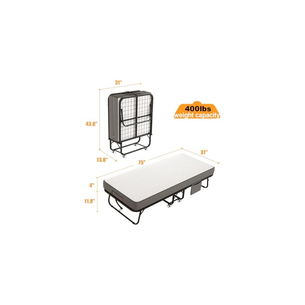 Folding Bed with Mattress, 75" x 31" Rollaway Bed with Memory Foam Mattress for Adults, Portable Foldable Guest Bed with Metal Frame, Luxury Single Bed for Home& Office Space Saving