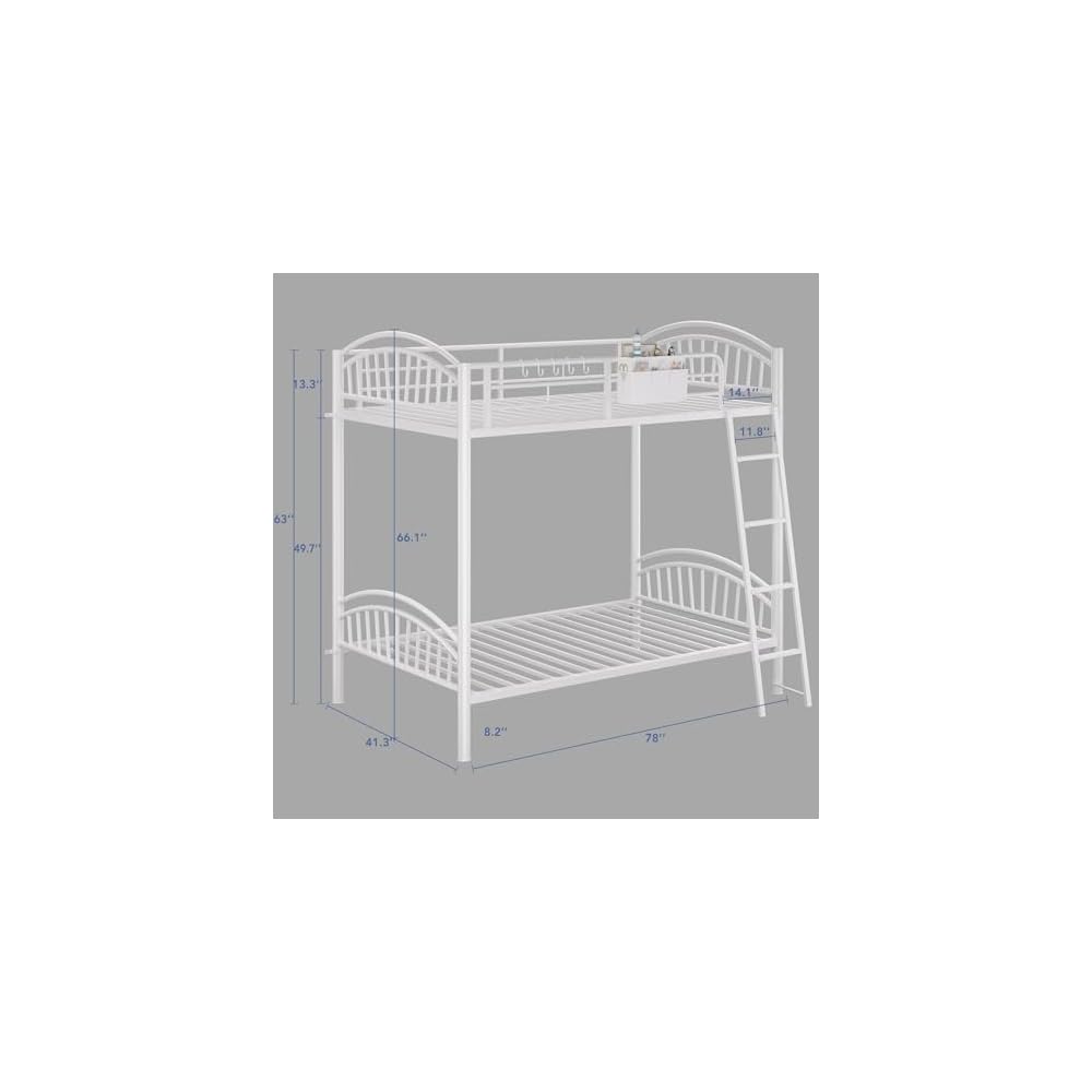 Metal Bunk Bed Twin Over Twin with Storage Bag, 2 Twin Size Beds with Safety Guard Rails and Anti-tip Nails for Teenager,Girls or Boys (White)