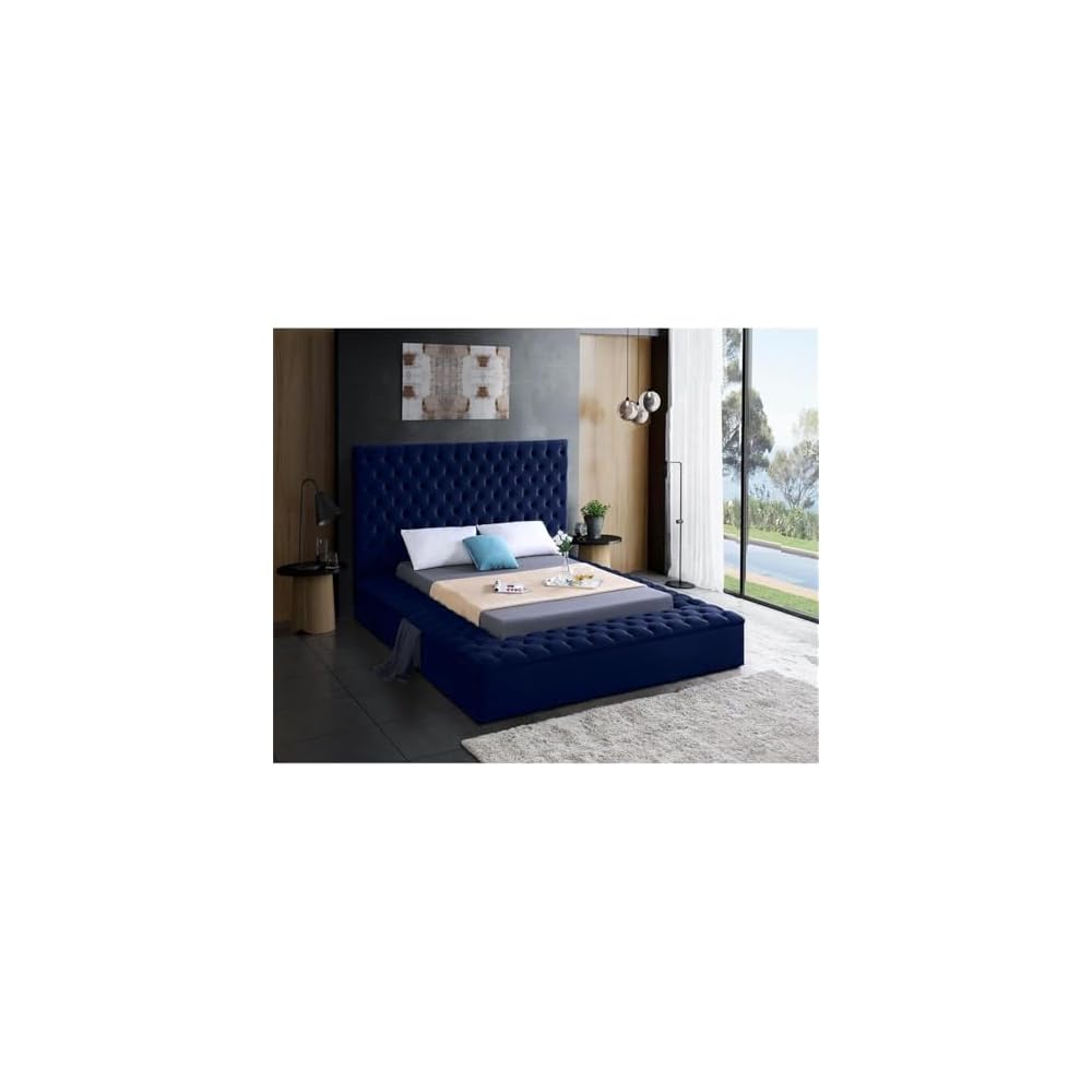 King Bed, Solid Wood Frame, Navy Tufted Velvet Fabric, 96" W x 98" D x 60.5" H, Storage Rails, Footboard, Full Slats, Modern Style Bedroom Furniture