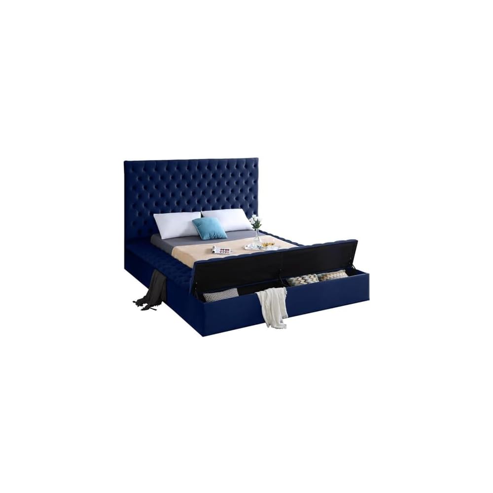 King Bed, Solid Wood Frame, Navy Tufted Velvet Fabric, 96" W x 98" D x 60.5" H, Storage Rails, Footboard, Full Slats, Modern Style Bedroom Furniture