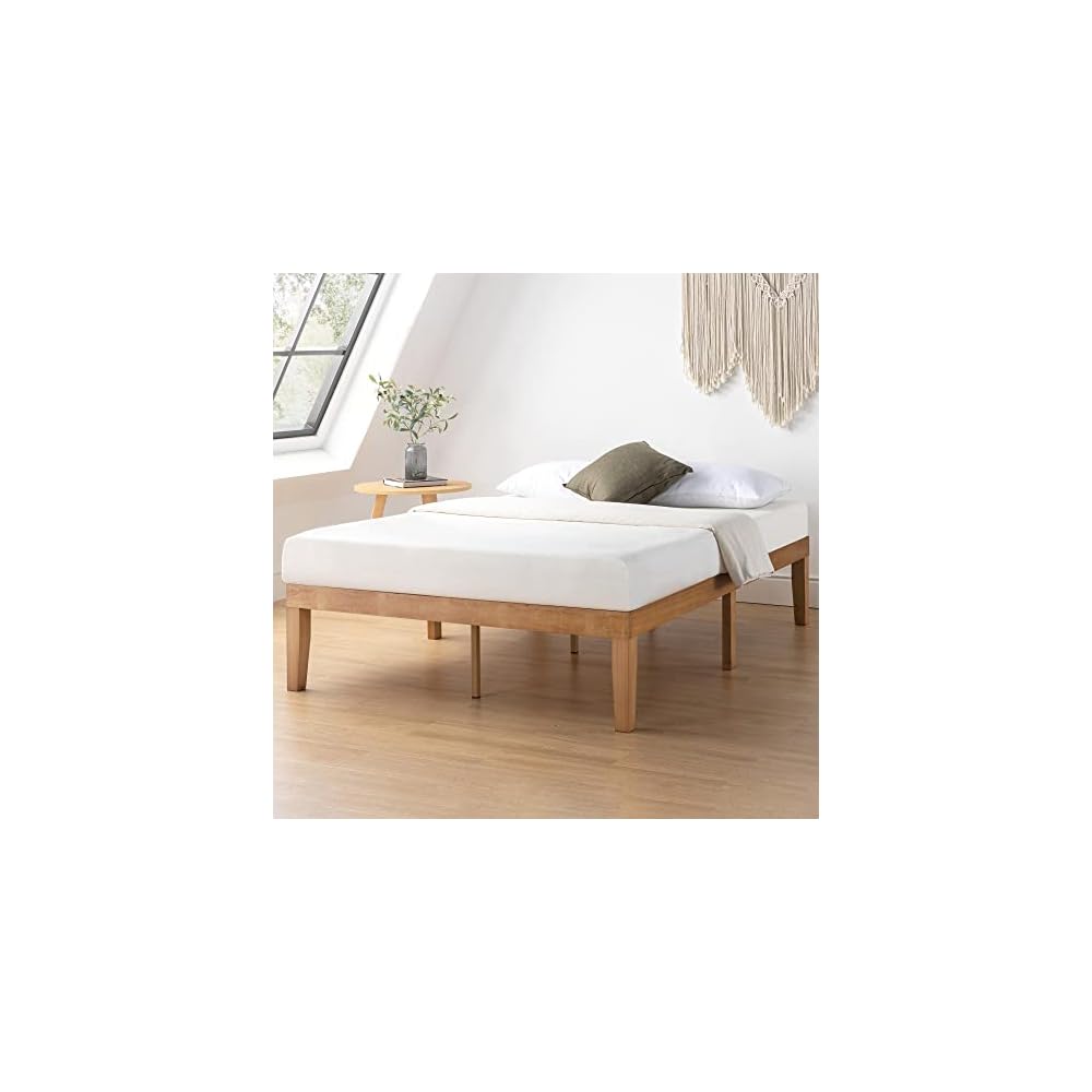 Naturalista Classic 16 Inch Solid Wood Platform Bed with Wooden Slats, Natural Pine, Queen