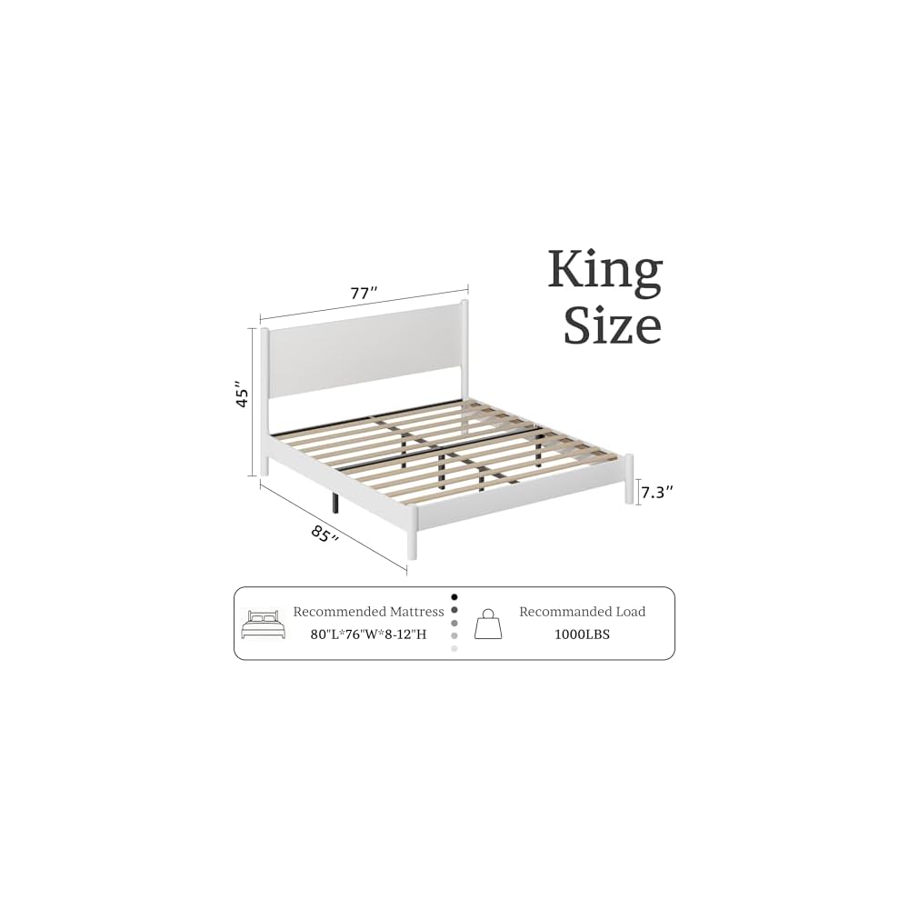 King Size Modern Minimalist Wood Platform Bed Frame, White