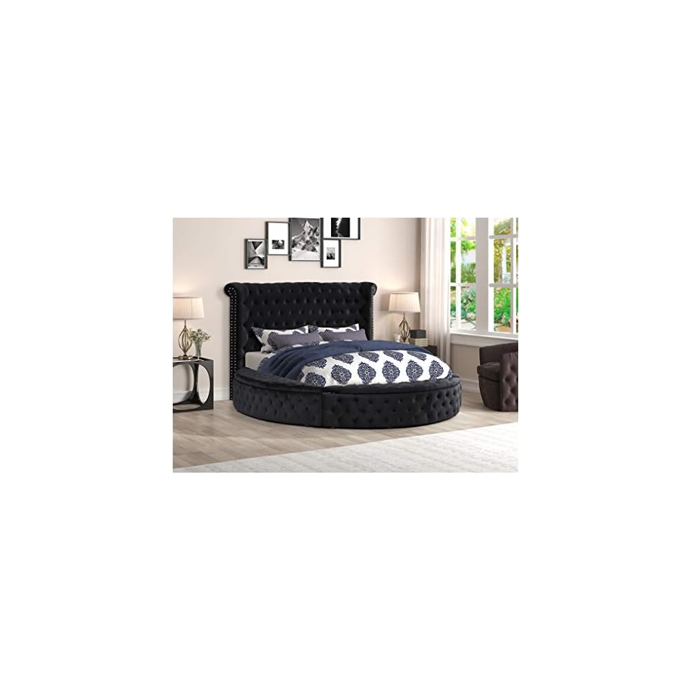 Lexi Round Upholstered Velvet Platform Bed Frame, Black - King