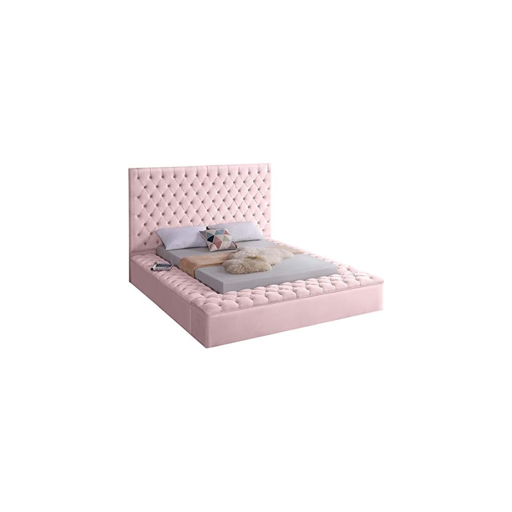 Bliss Collection Modern | Contemporary Velvet Upholstered Bed with Deep Button Tufting and Storage Compartments in Rails and Footboard, Pink, Queen