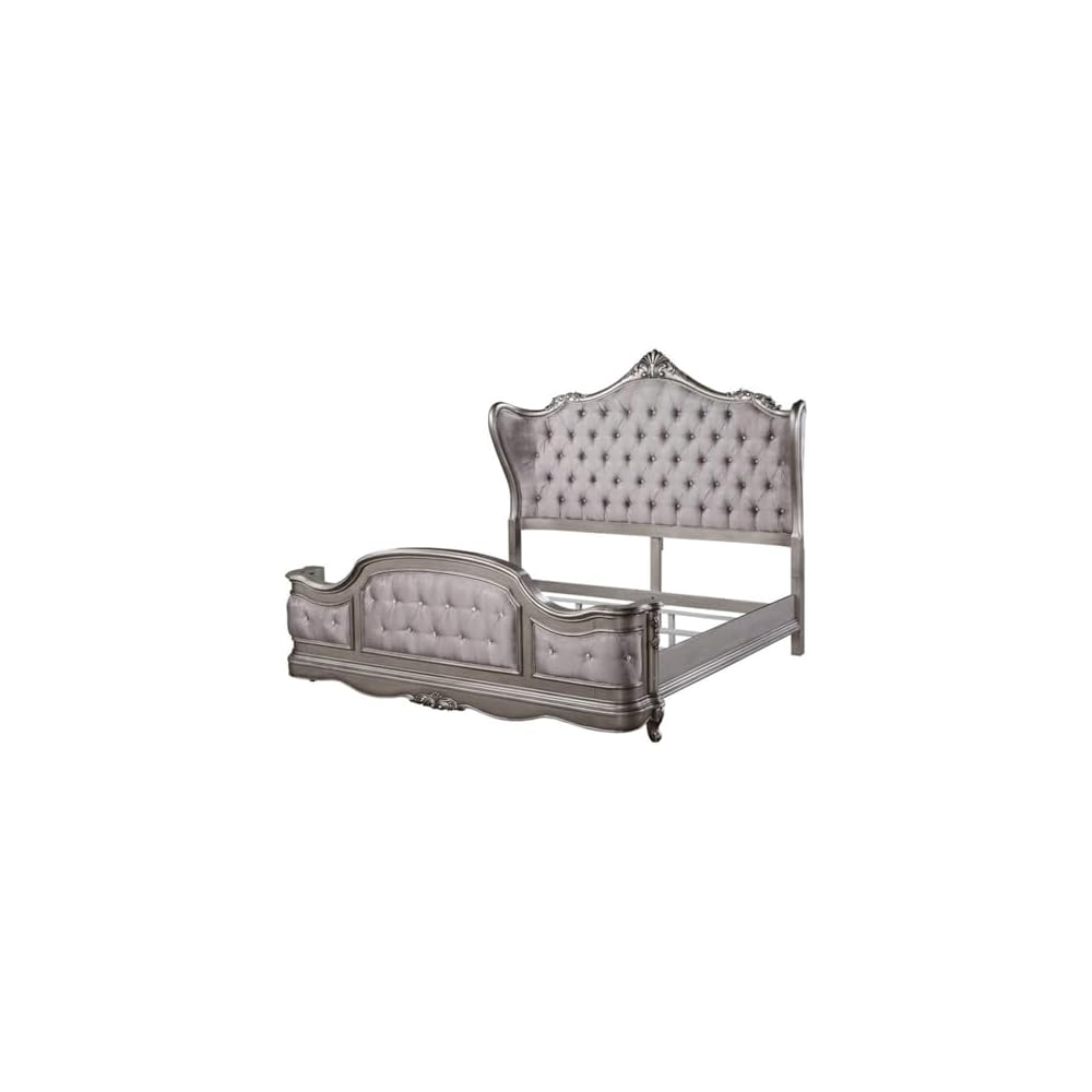 Ariadne Eastern King Bed in Velvet & Antique Platinum Finish