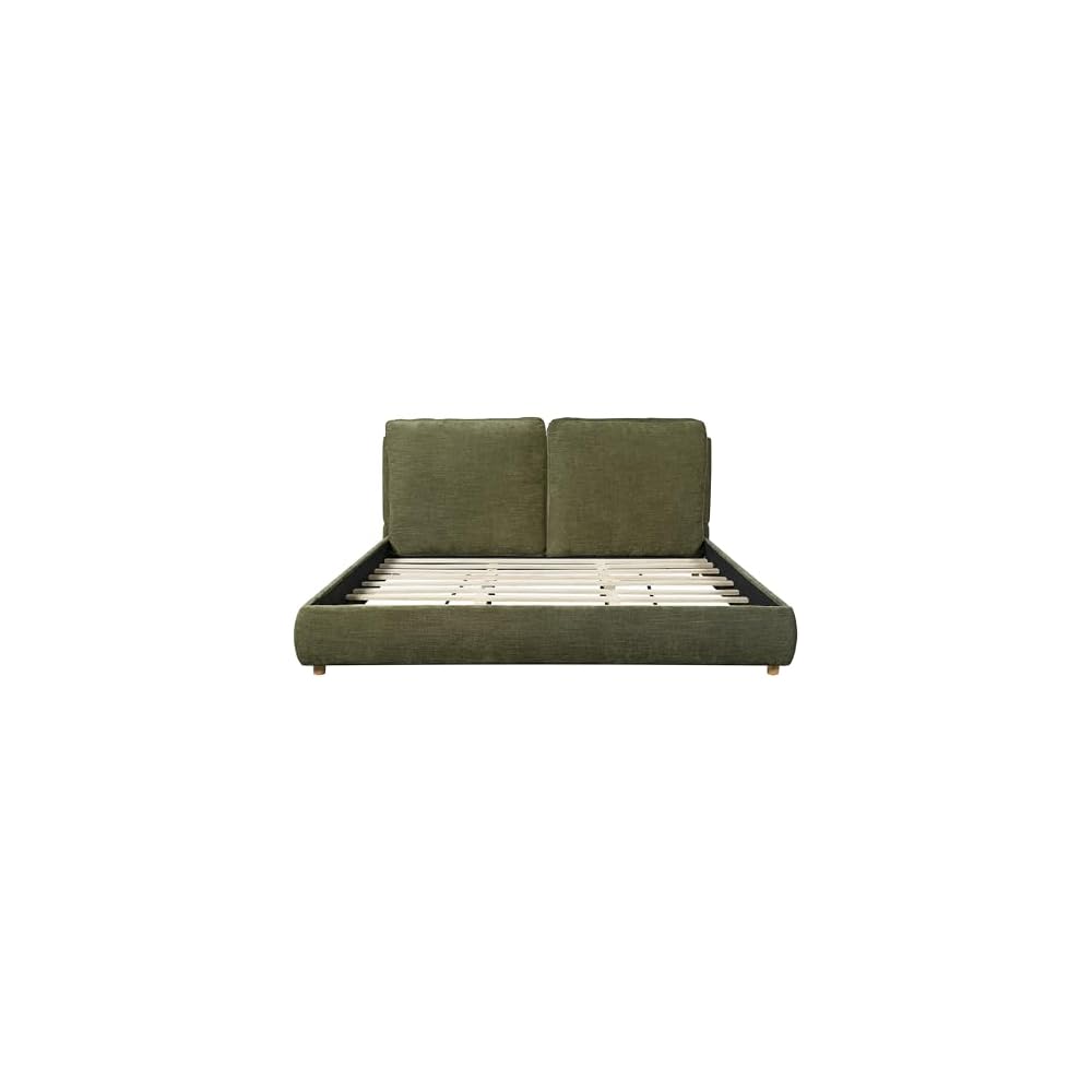 California King Linen Blend Platform Bed with 2 Pillows, Olive Green