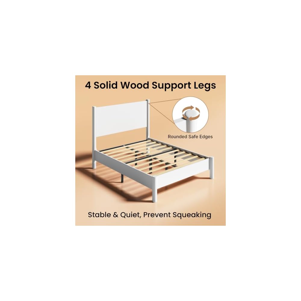Full Size Platform Bed Frame with Wood Headboard, White