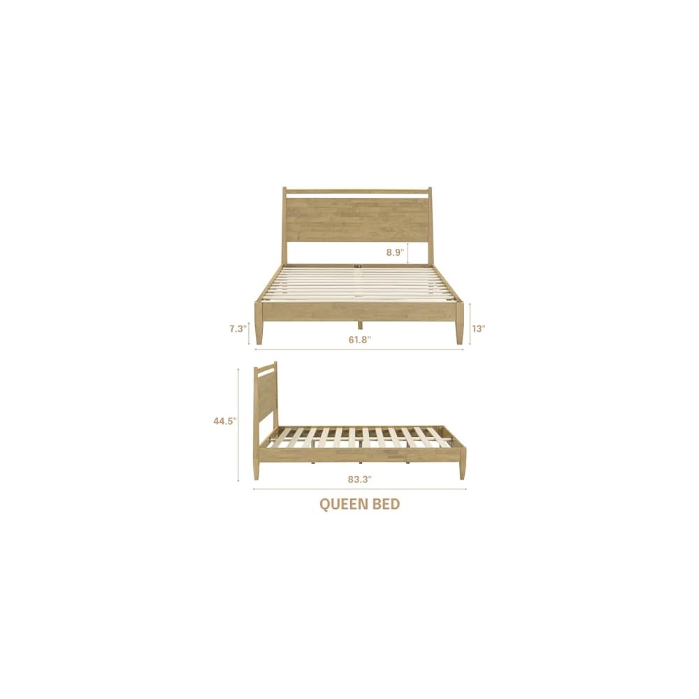 Adept Wooden Bed Frame with Headboard, Solid Wood Foundation with Silent Slats and Wood Central Supports, 1000 Lb Capacity, Effortless Assembly, Queen - Sand