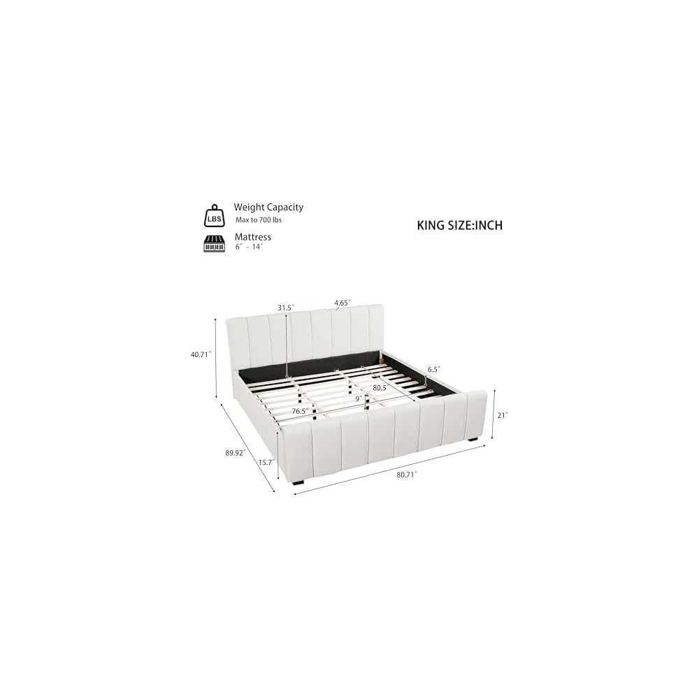 King Upholstered Bed with Thick Headboard and Footboard, Beige
