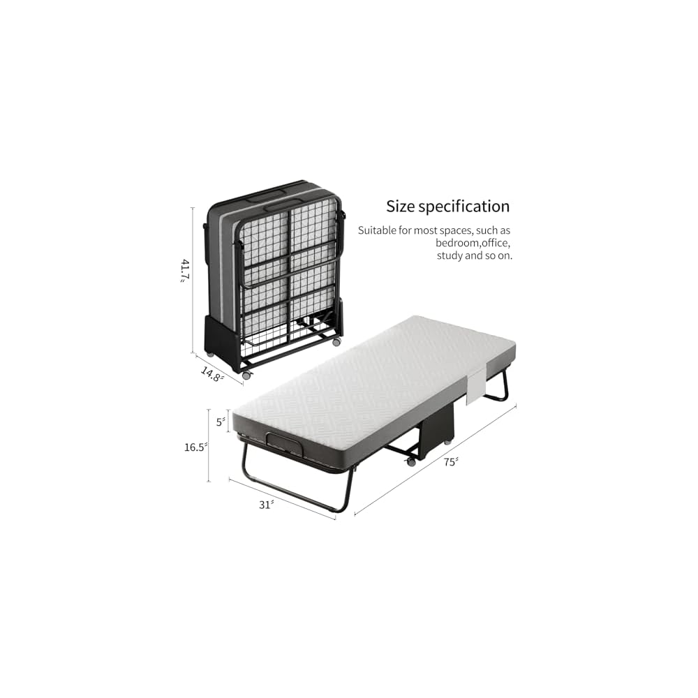 Deluxe Folding Bed with Mattress with 5-inch Memory Foam Mattress on Rollers for Easy Storage with Metal Frame and Bed Side Pockets